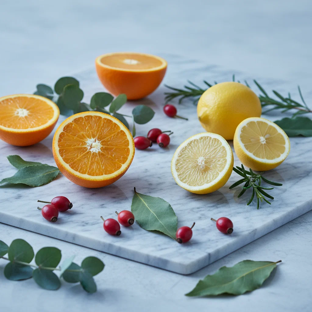 Apelsiner och citrusfrukter på en ljus stenbänkskiva med gröna blad