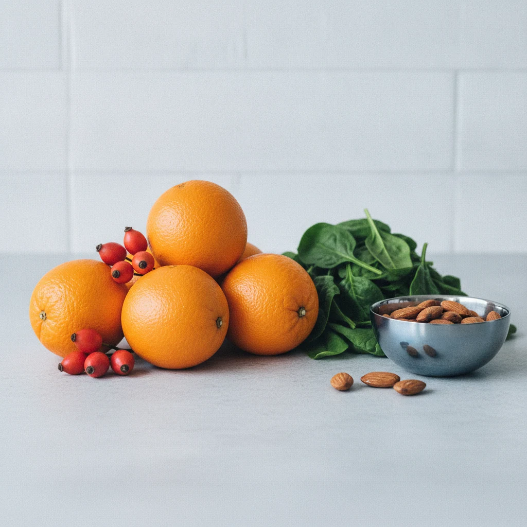 Färska citrusfrukter, örter och frön på ett ljust köksbord